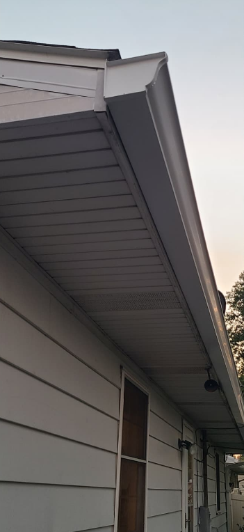 Exterior view of a house with white siding and a light gray soffit and gutter.