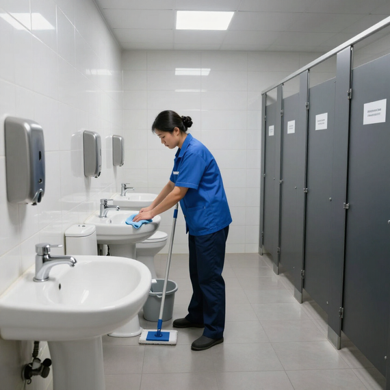 Worker cleaning sinks in a public restroom with gray stalls and white tiled walls