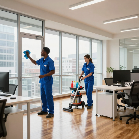 Two cleaners in blue uniforms tidying a bright modern office with desks and computers