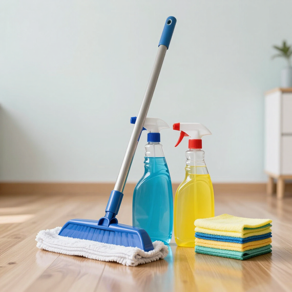 Cleaning supplies with mop, spray bottles, and folded cloths on a floor