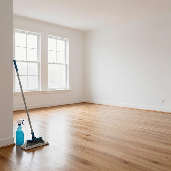 Empty room with hardwood floors, windows, and a mop with spray bottle by the wall