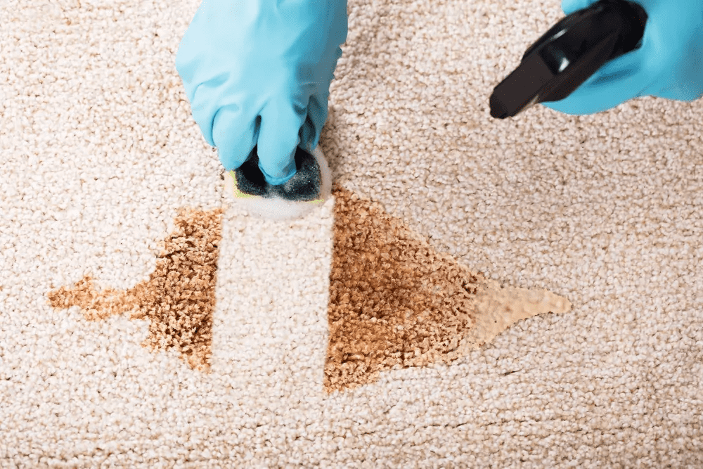 Gloved hands cleaning a spilled brown powder from a light carpet with a vacuum nozzle