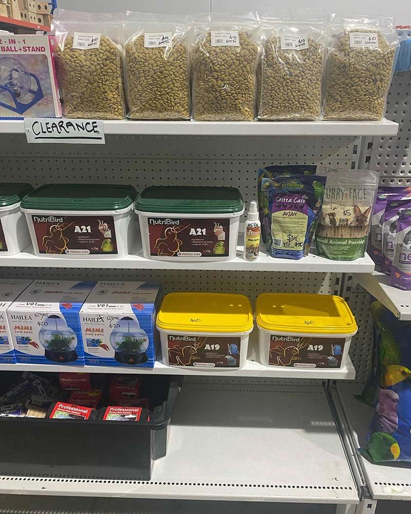 Shelves in a Pet Store Stocked With Food Bags, Tubs, and Containers — Jonath’s Animal Kingdom in Forster, NSW