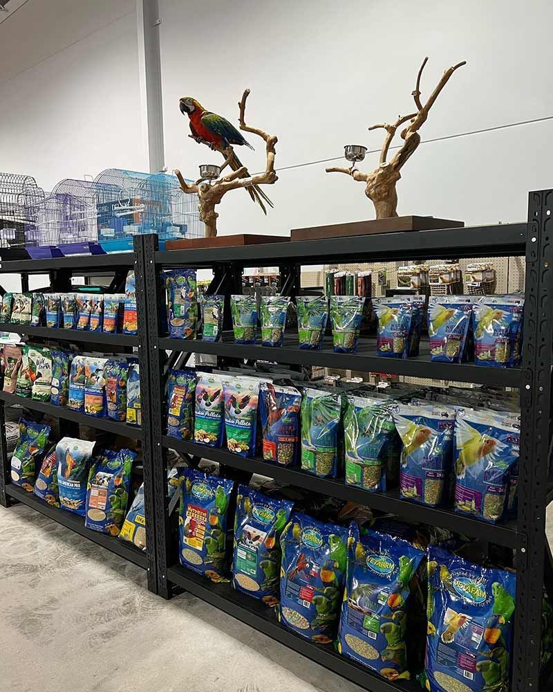 Pet Food Shelves With a Parrot Perched on a Branch — Jonath’s Animal Kingdom in Salamander Bay, NSW