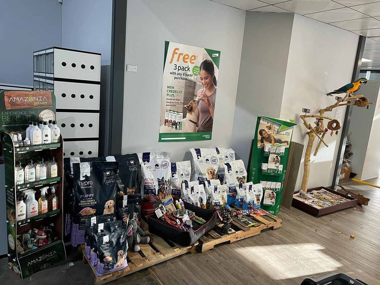 Pet Supplies Display Inside a Store, Featuring Food Bags, Shelves — Jonath’s Animal Kingdom in Salamander Bay, NSW