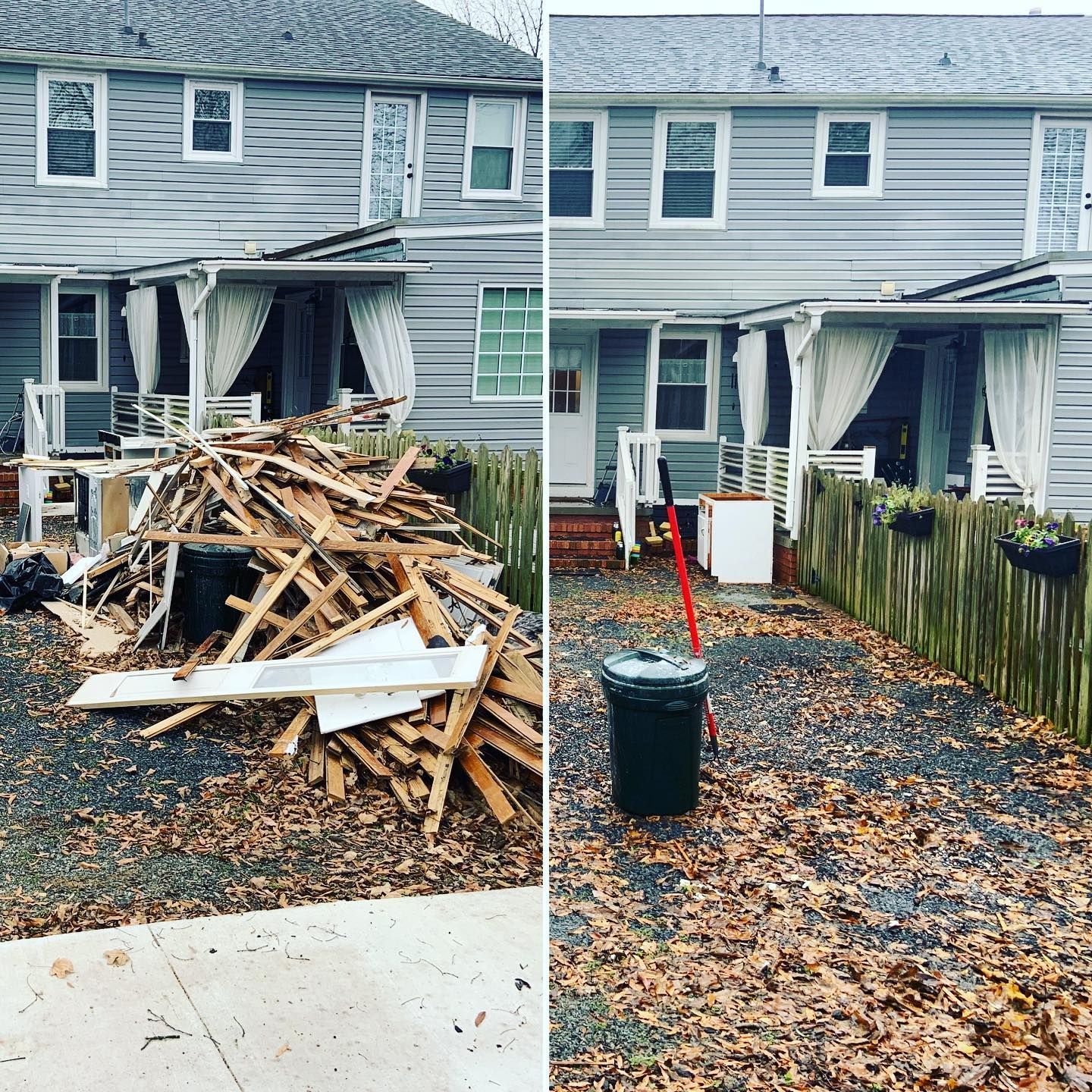 Before and after: Backyard with debris pile cleared. Gray siding, white curtains, leaves on ground, and trash can.