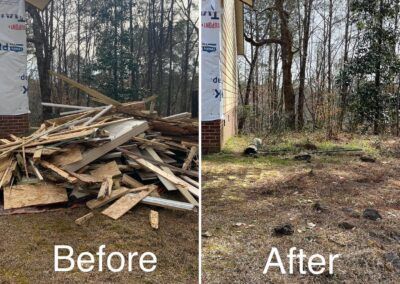 Before and after: pile of construction debris next to a building, then a cleared area.