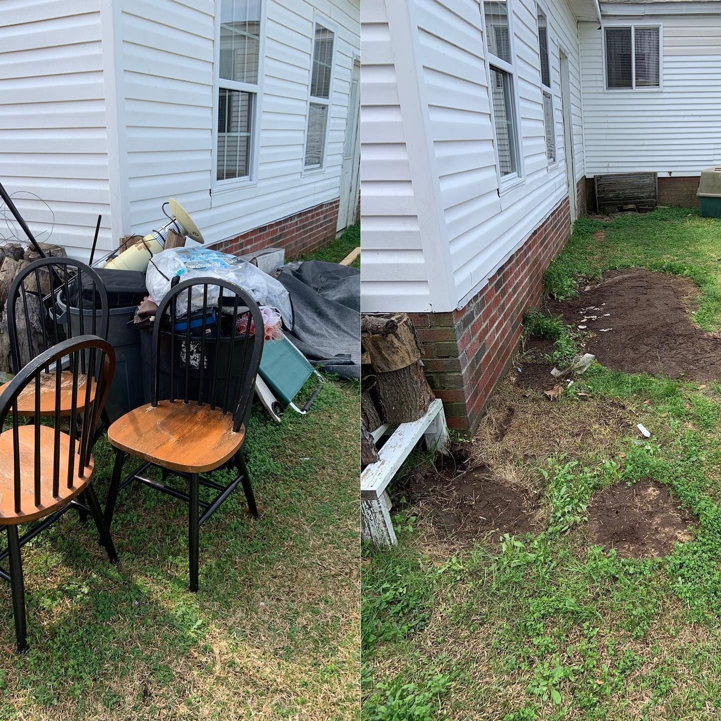 Before-and-after of a house exterior. Cluttered yard next to a cleaned-up area, showing siding and brick, with grass.