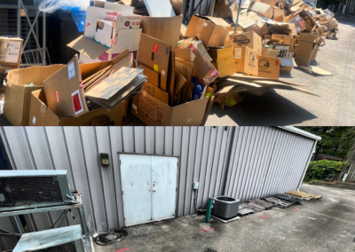 Top: pile of cardboard boxes. Bottom: building with closed door, AC units.