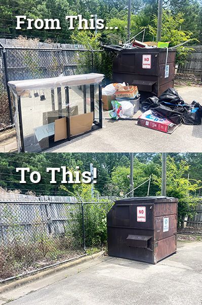 Before and after photos of a dumpster area; the first with trash overflowing, the second clean.