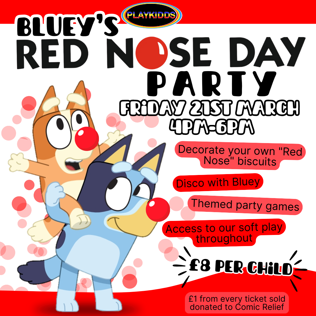 Red Nose Day party with Bluey in our soft play centre in Manchester