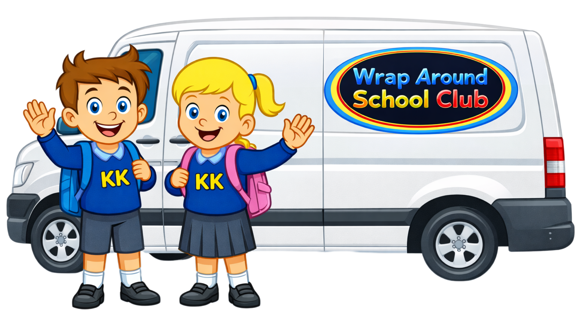 Find out more about our Wrap Around Childcare Playkidds characters wearing school uniform stood in front of a van that says