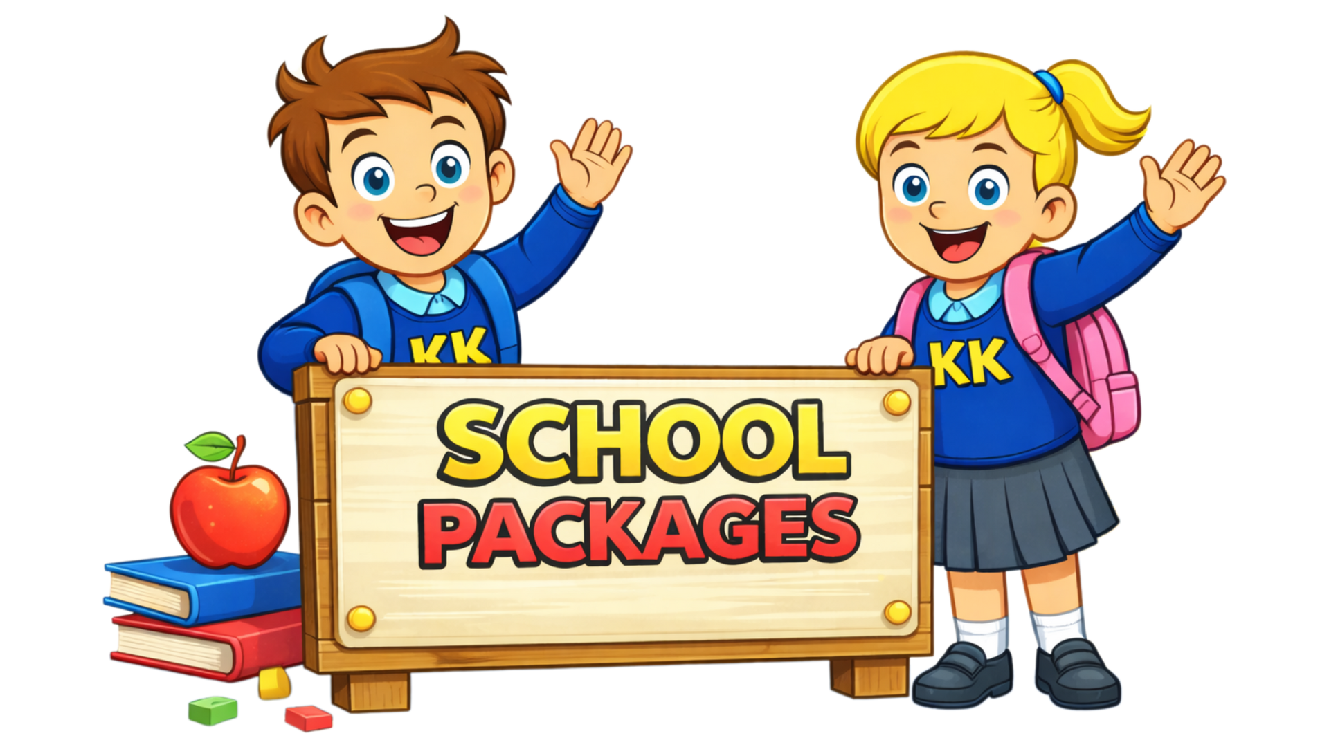 Find out more about our School Packages Playkidds Characters in school uniform waving, next to a sign with