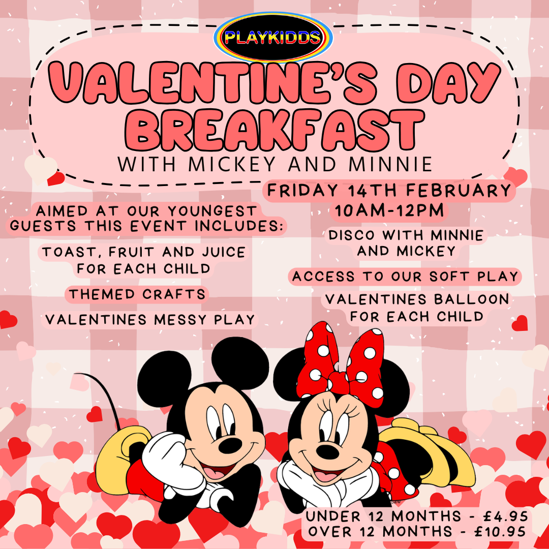 Valentine's Day Breakfast for children with a visit from Mickey and Minnie Mouse at our soft play in Swinton, Manchester