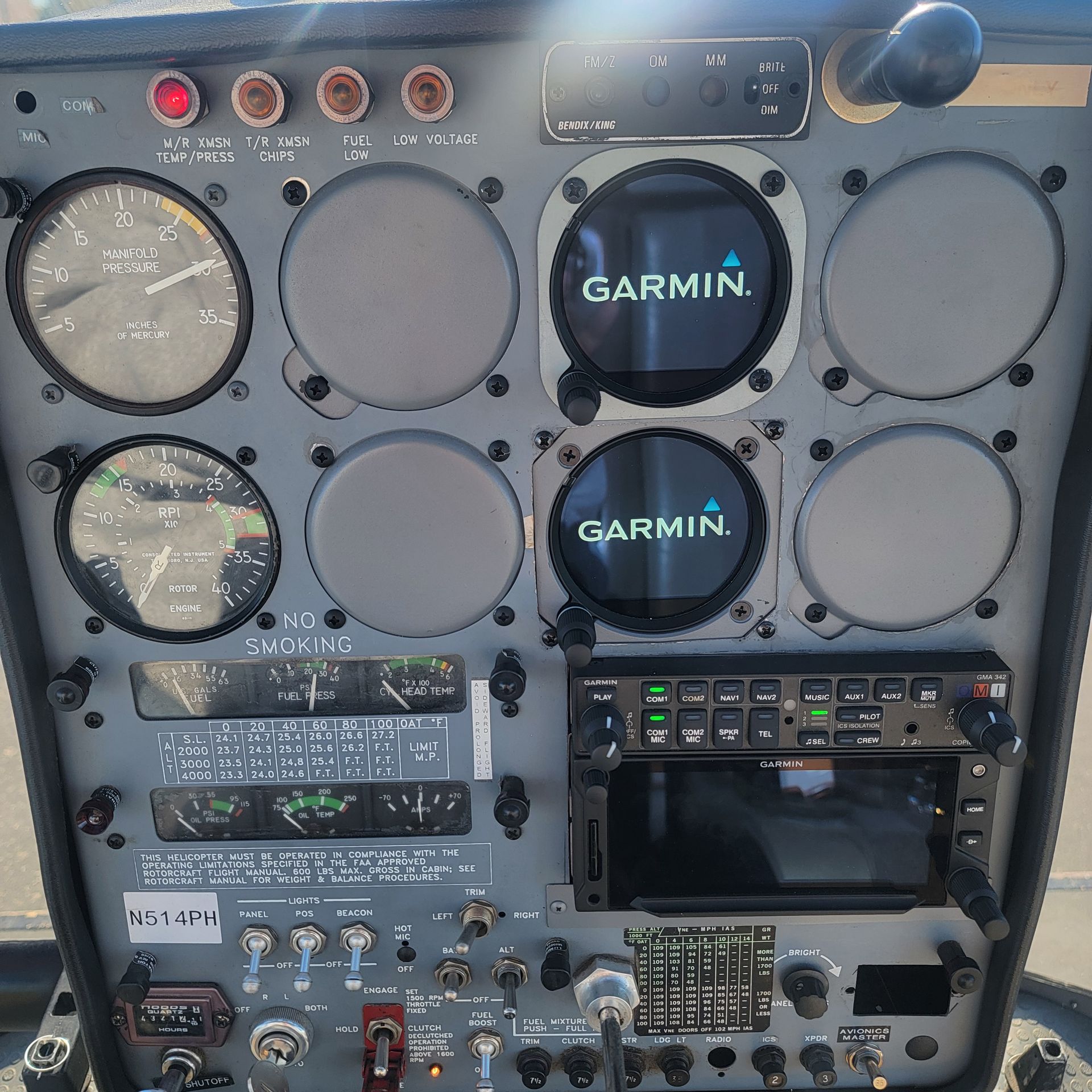 A cockpit of a helicopter with many instruments and buttons