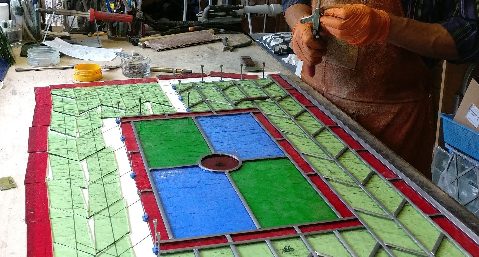In our workshop, producing beautiful stained glass the traditional way.