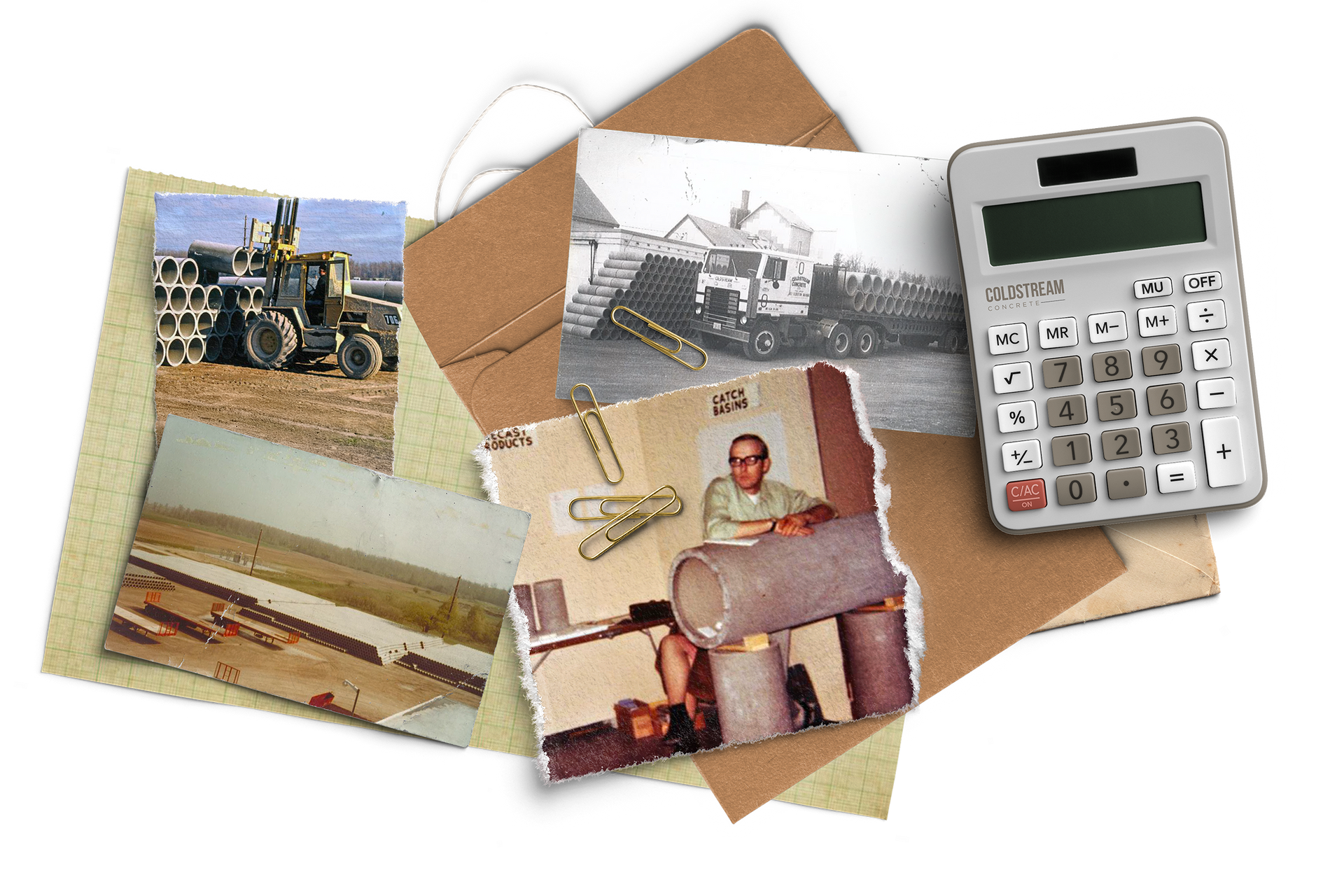 A calculator is sitting on top of a pile of pictures