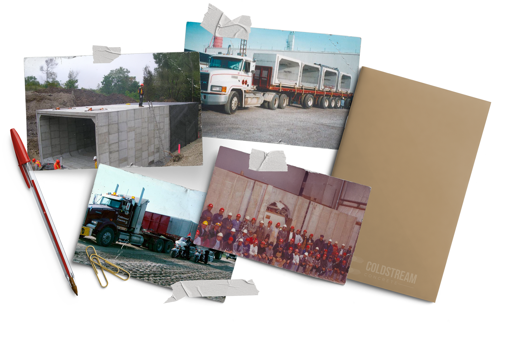 A bunch of pictures are taped to a wall including one of a truck