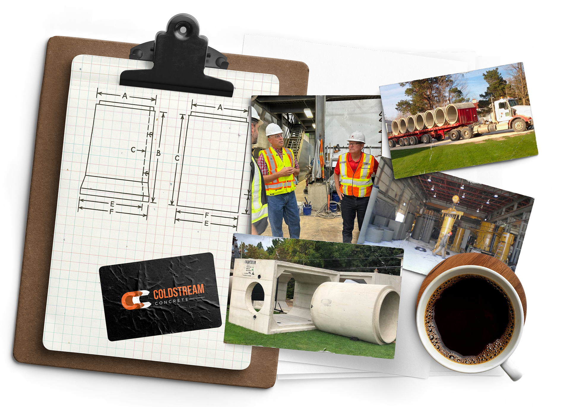 A clipboard with pictures of construction workers and a cup of coffee.