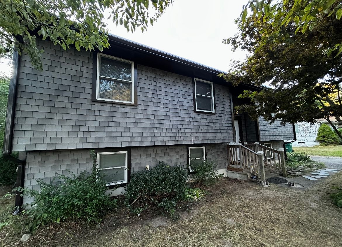 A house with a lot of windows and a tree in front of it.
