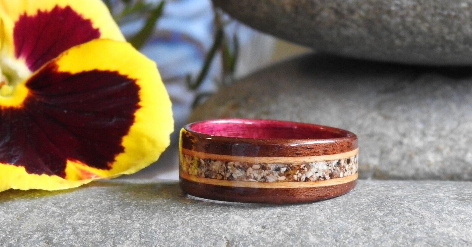Touch Wood Memorial Rings, Inlaid with ashes of a beloved person or pet.