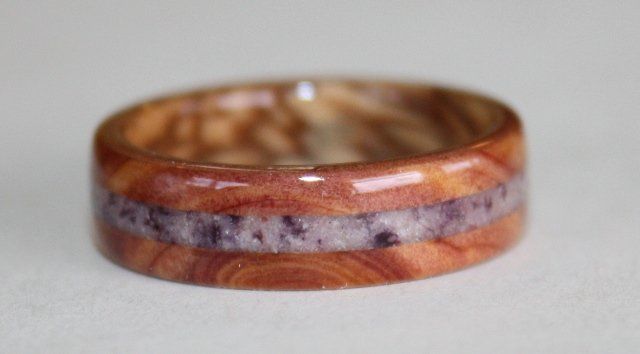 Touch Wood Rings, Juniper heartwood, Bethlehem Olive Wood Liner, inlay of rose quartz and dried rose petals