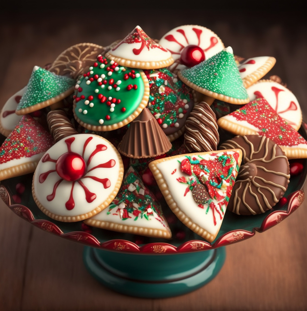 Assortment of Christmas cookies on a pedestal cake stand; includes iced sugar cookies and chocolate candies.