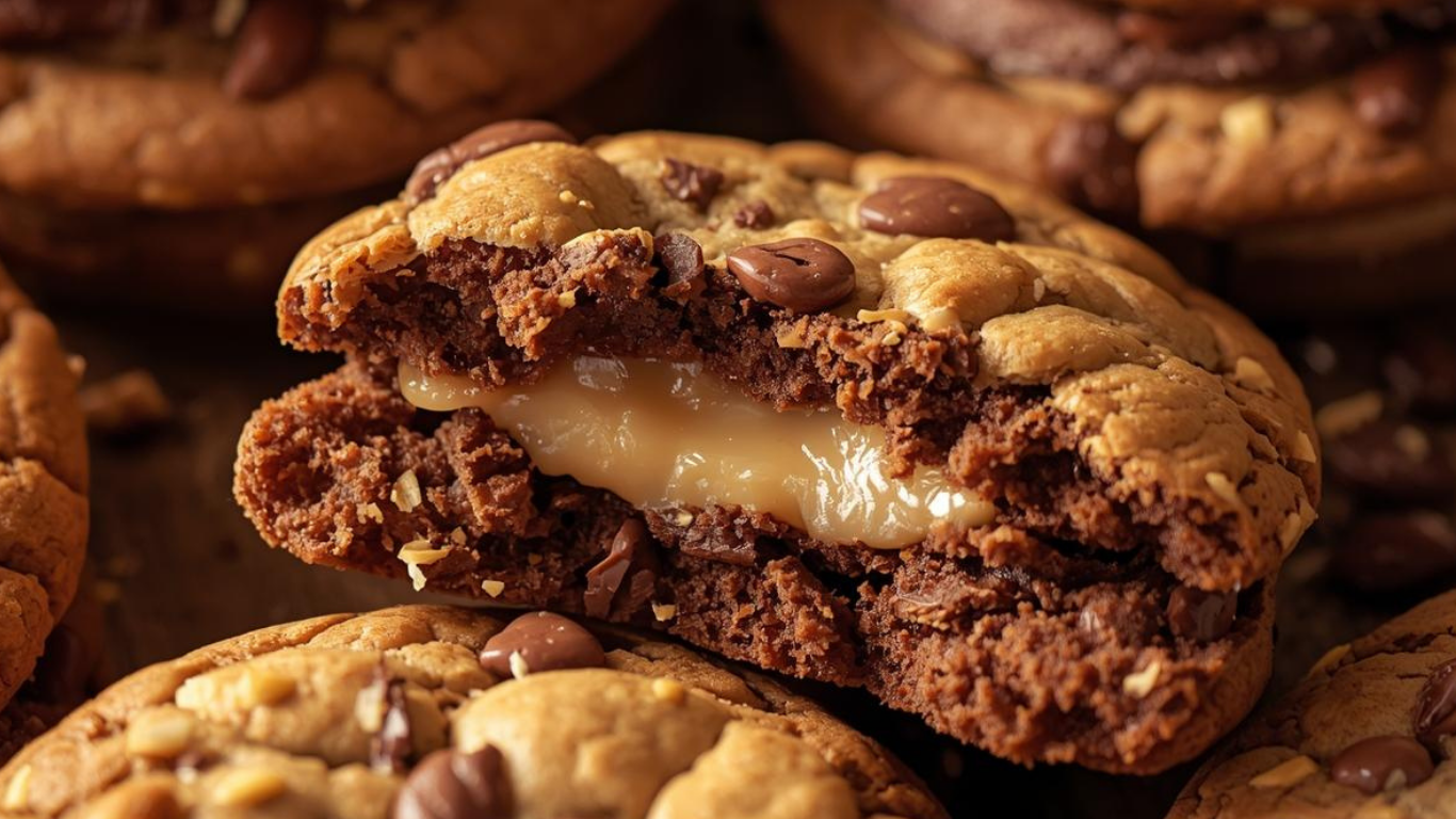 A chocolate chip cookie broken in half, revealing a smooth, creamy caramel or dulce de leche filling inside.