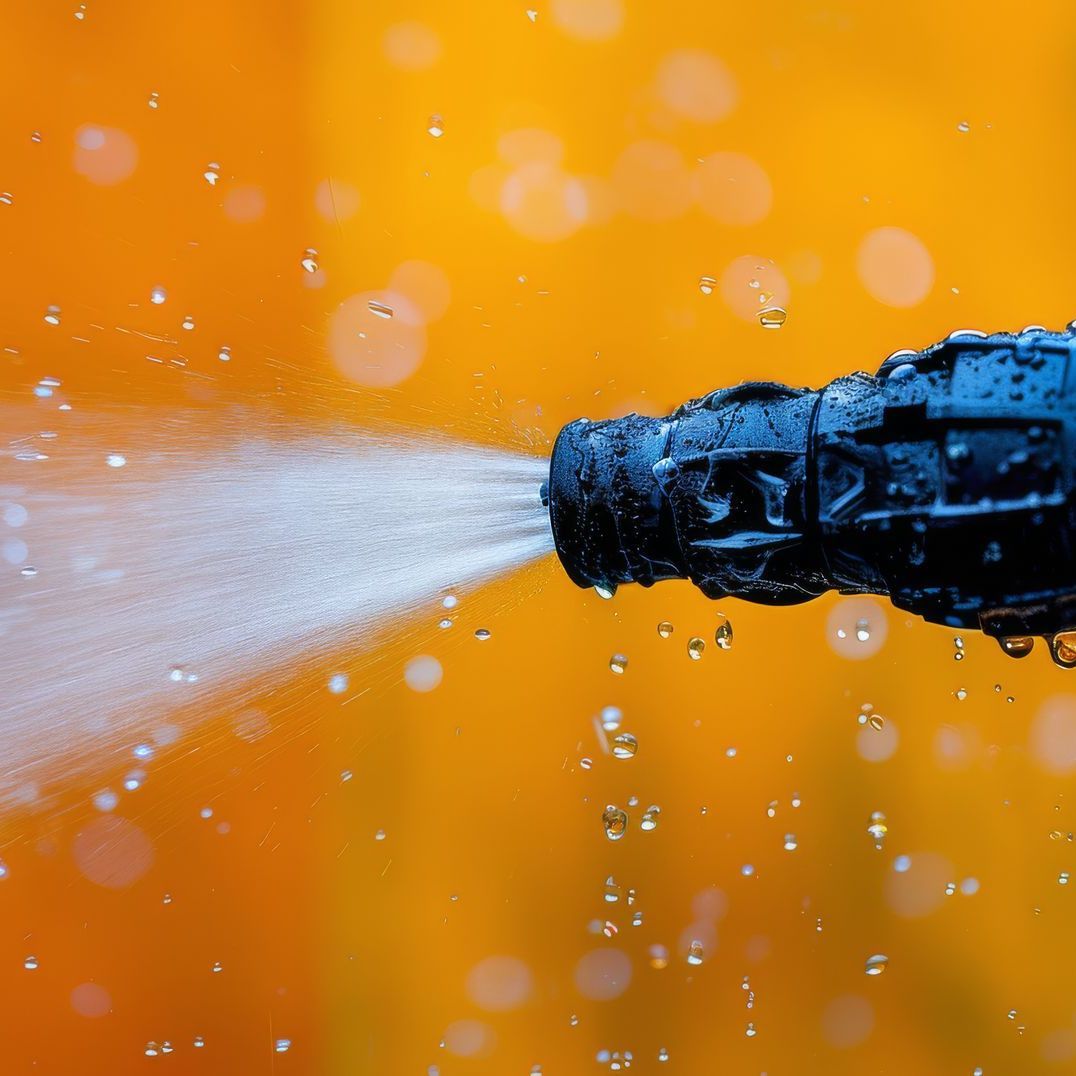 A close up of a hose spraying water on an orange background.