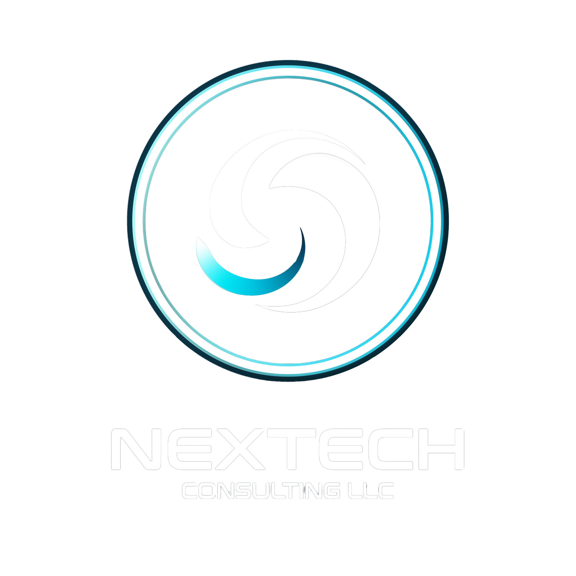 Logo for NexTech Consulting LLC: Circular design with a swirling wave and text.