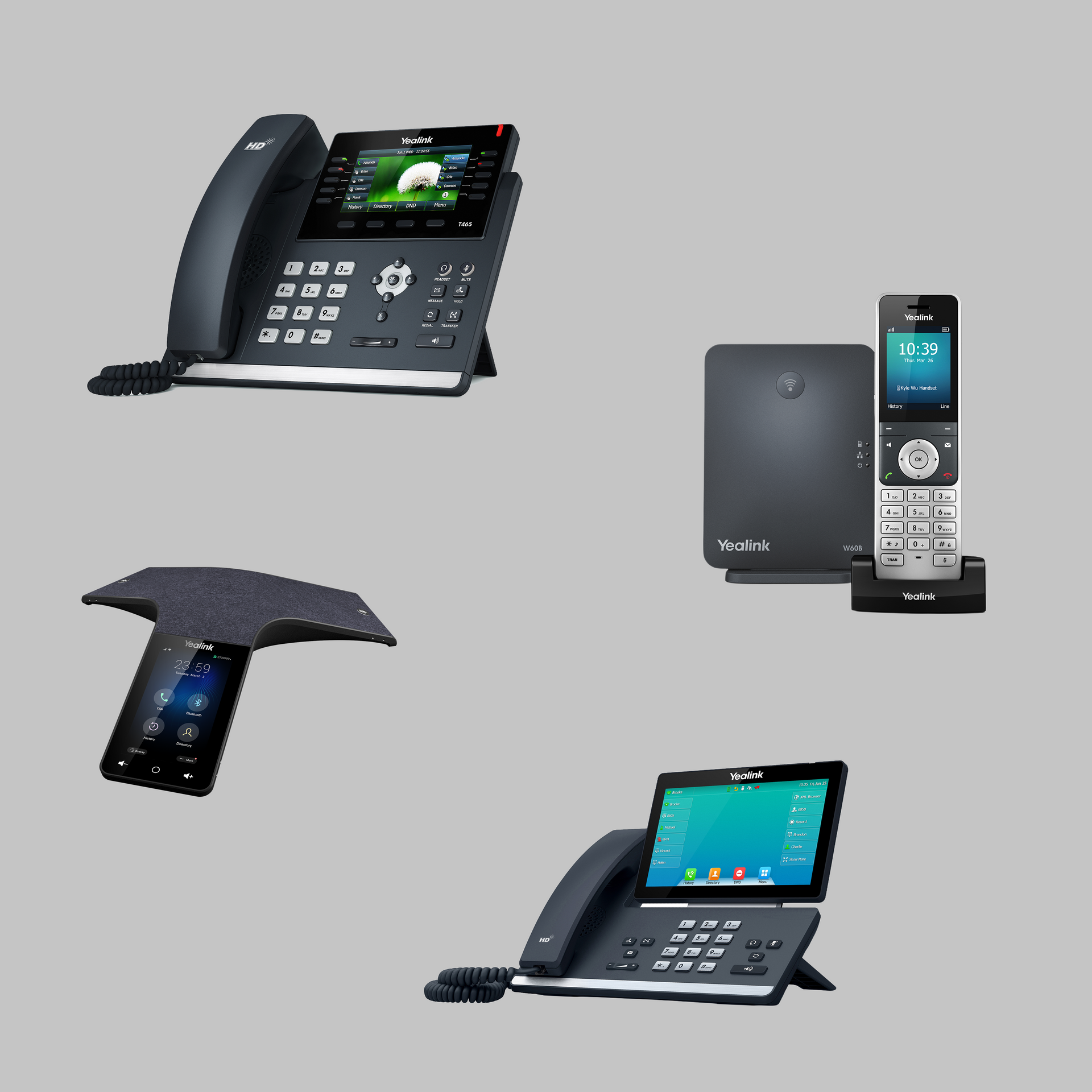 Four different business phones on a gray background. Includes a corded phone with a large screen, and a cordless phone.