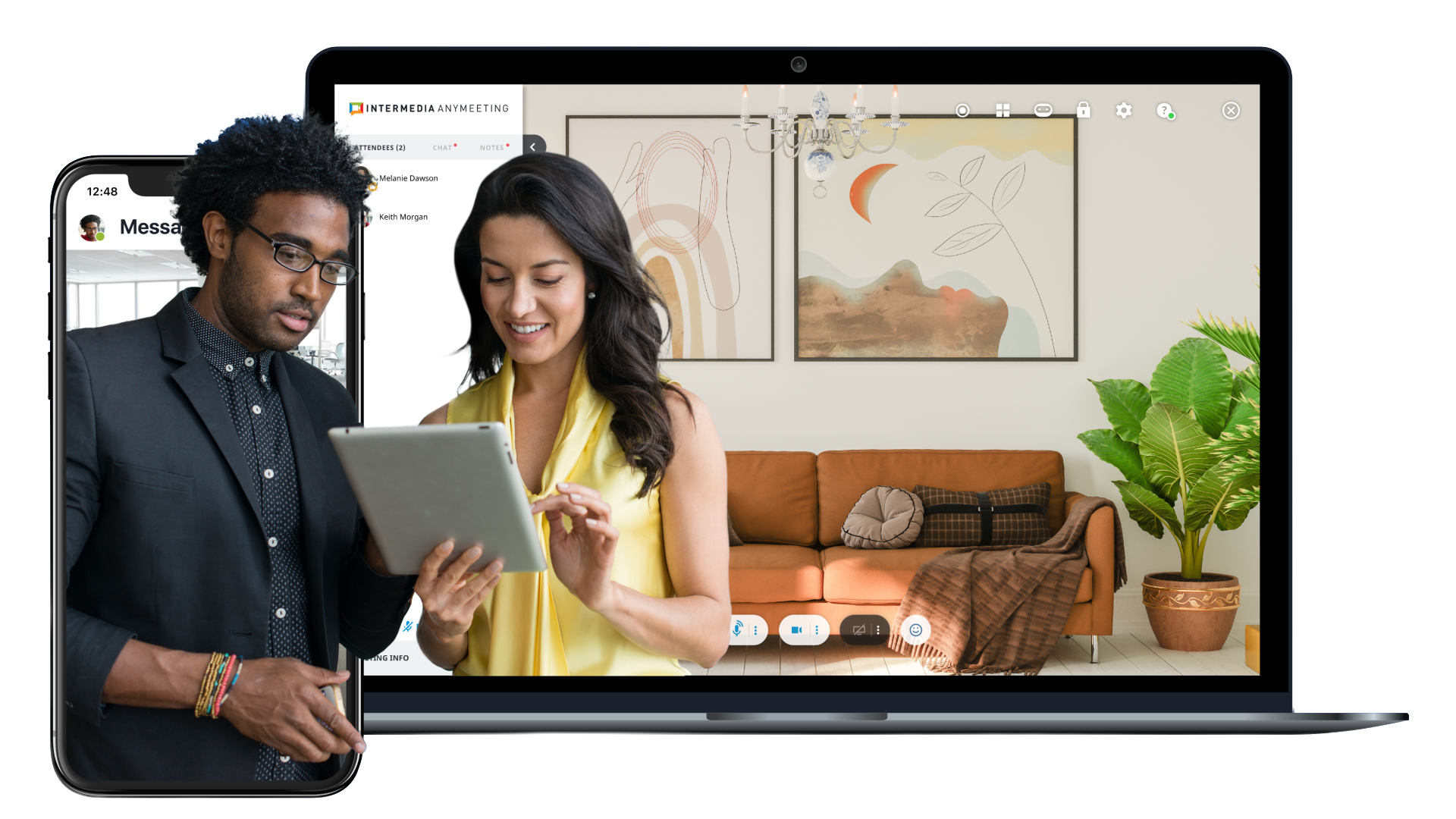 Man and woman looking at screens: phone, tablet, and laptop showcasing collaboration possibilites.