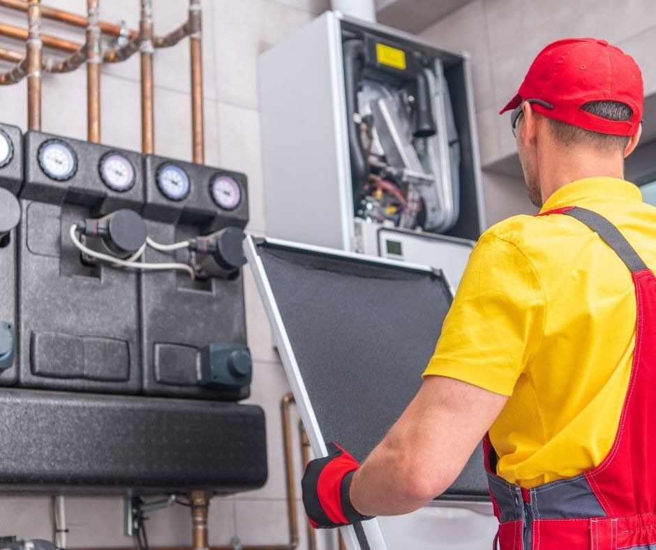 Heating and cooling repairman fixing heating system in Berks County, PA
