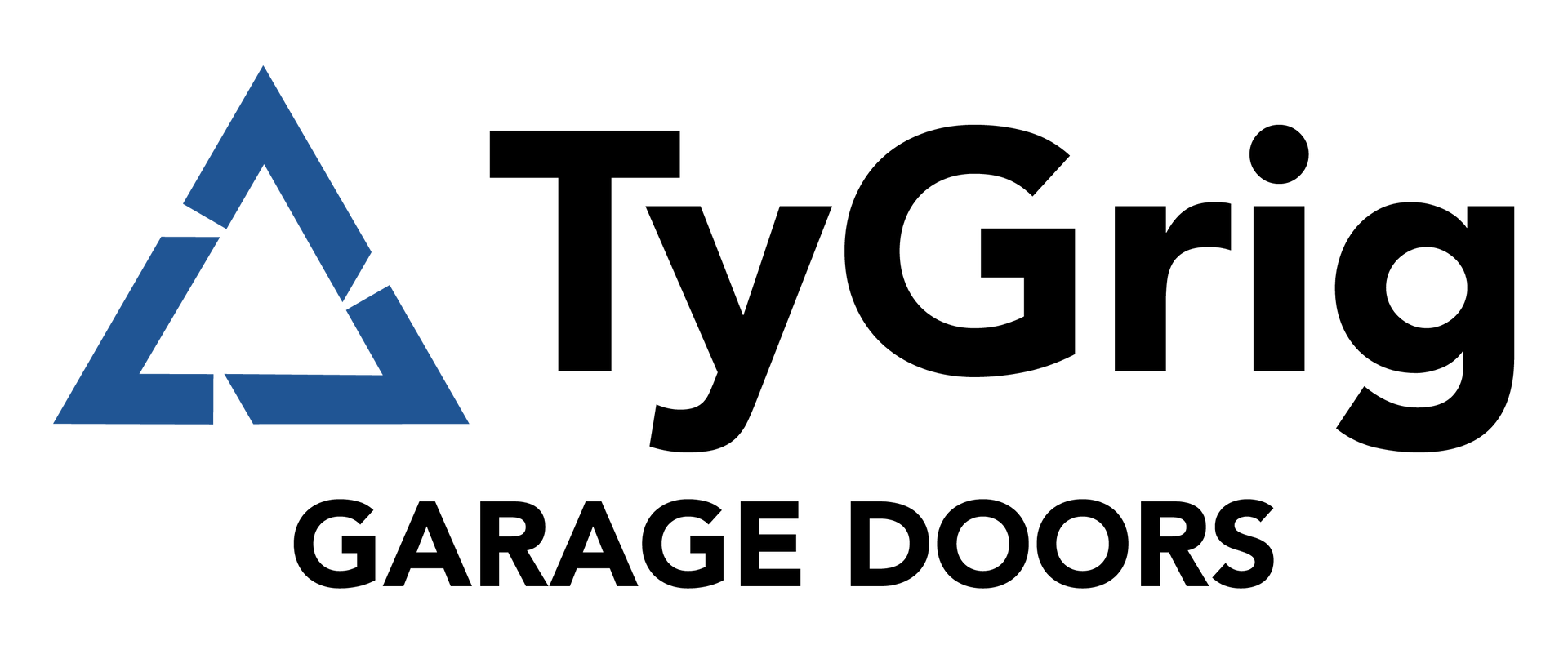 The logo for tygrig garage doors has a blue triangle on it.