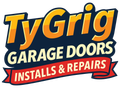 TyGrig Garage Doors logo featuring bold, retro style lettering in orange and red, with a dynamic red banner underneath and a dark background for contrast.