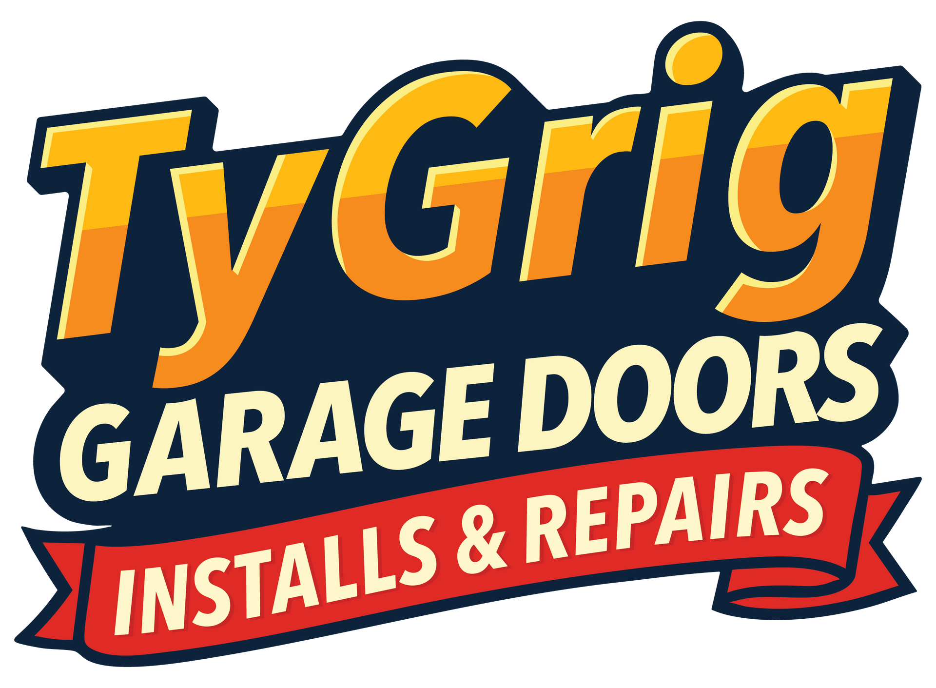 TyGrig Garage Doors logo featuring bold, retro style lettering in orange and red, with a dynamic red banner underneath and a dark background for contrast.
