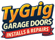 TyGrig Garage Doors logo featuring bold, retro style lettering in orange and red, with a dynamic red banner underneath and a dark background for contrast.
