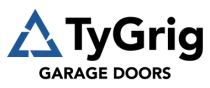 The logo for tygrig garage doors has a blue triangle on it.