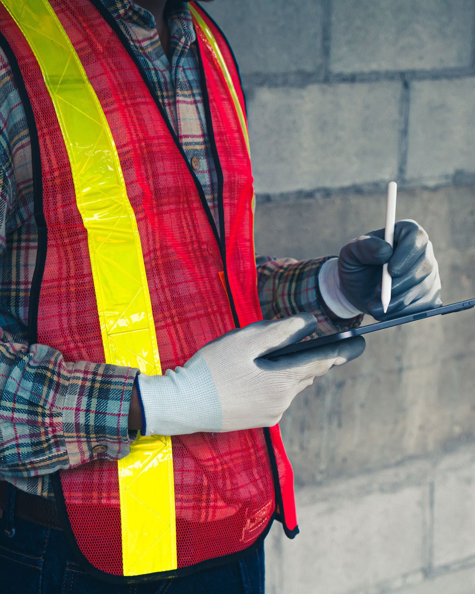 A man in a safety vest is writing on a clipboard.