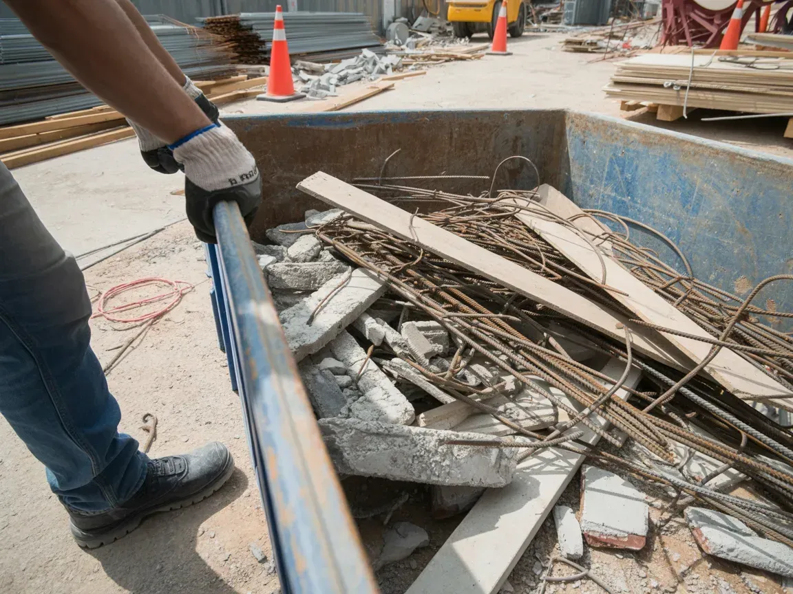 Person in jeans and work gloves pulling a metal handle attached to a dumpster filled with construction debris.