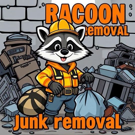 Cartoon raccoon in a hard hat and work clothes holding a trash bag, surrounded by junk. 