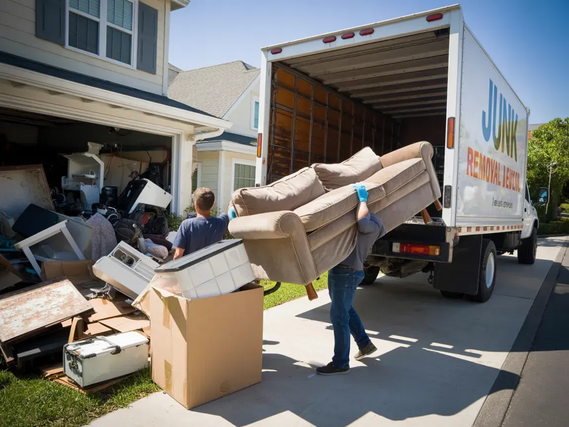 Two men loading furniture into a junk removal truck parked in front of a house.