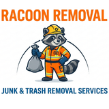 Cartoon raccoon in orange jumpsuit and hardhat holding a trash bag; "Raccoon Removal" title.