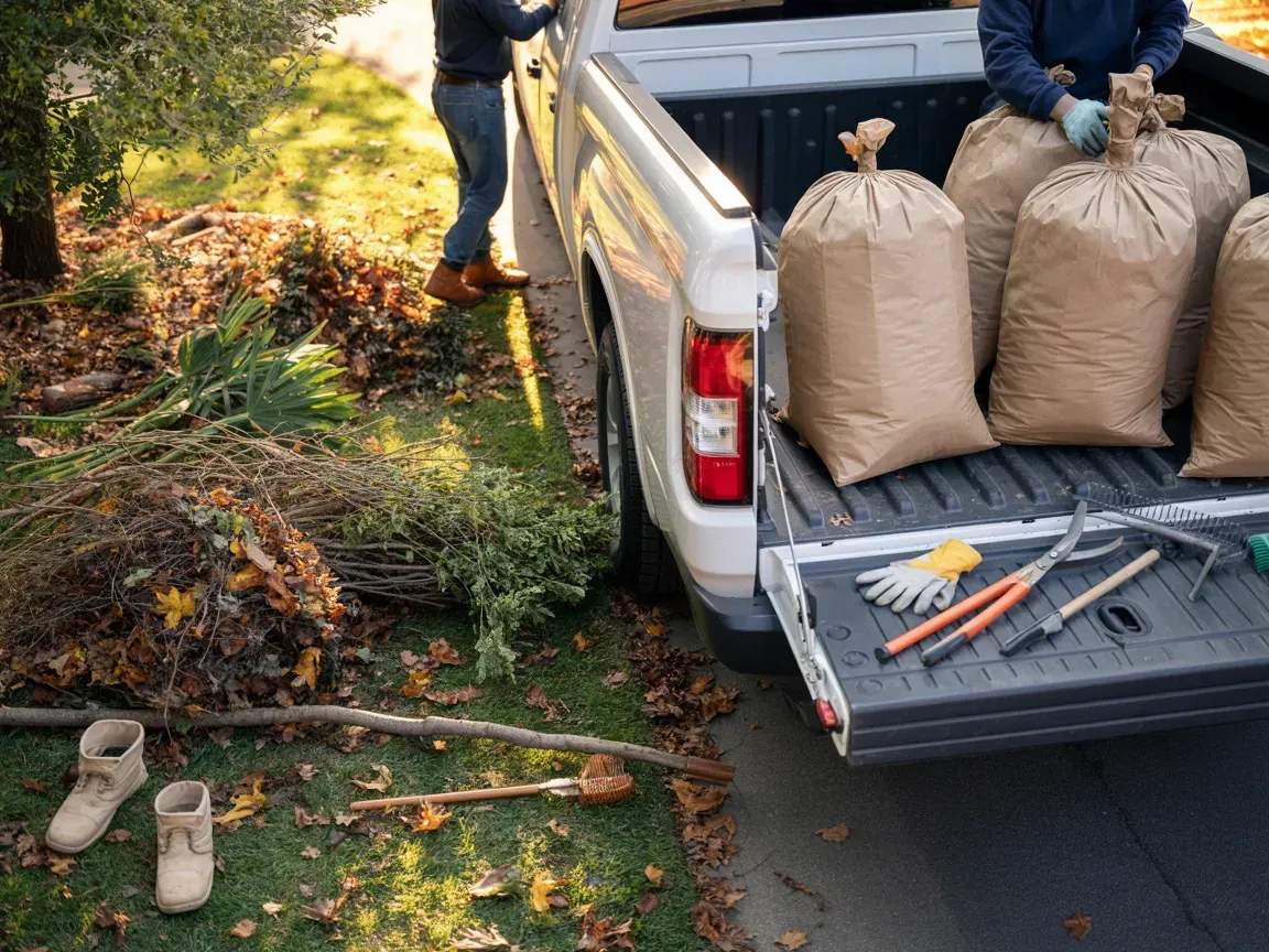 People loading yard waste bags into a truck bed, with tools and leaves scattered on the ground.