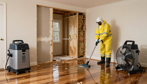 Worker in yellow protective suit cleaning floodwater in a damaged room with drying equipment.