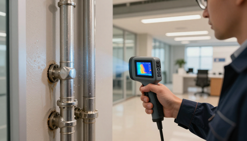 Person using a thermal camera to inspect a metal pipe in a bright industrial hallway