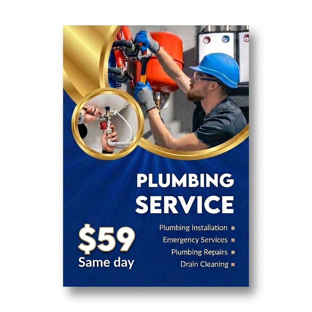 Blue plumbing service ad with plumber repairing pipes, $59 same-day offer, and a small inset of a faucet leak.