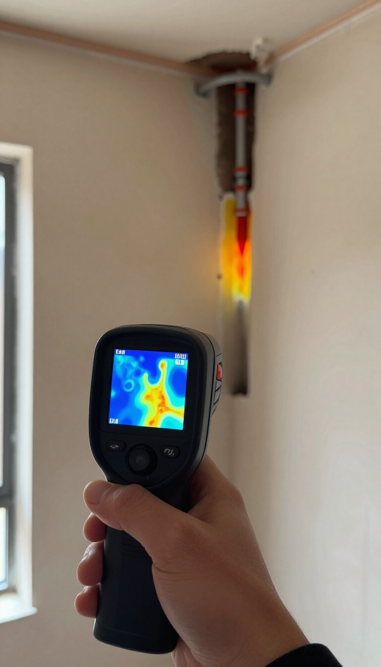 Man using a thermal camera to inspect a gray concrete wall for heat leaks