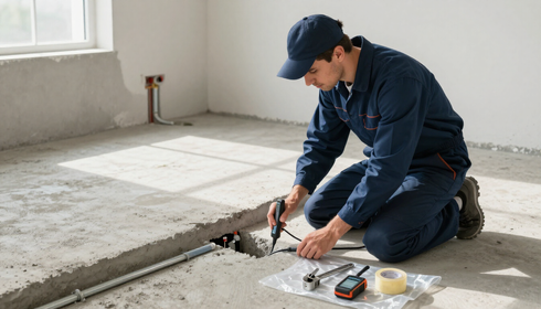 Technician kneeling on a concrete floor, measuring a crack with tools in a bright room.