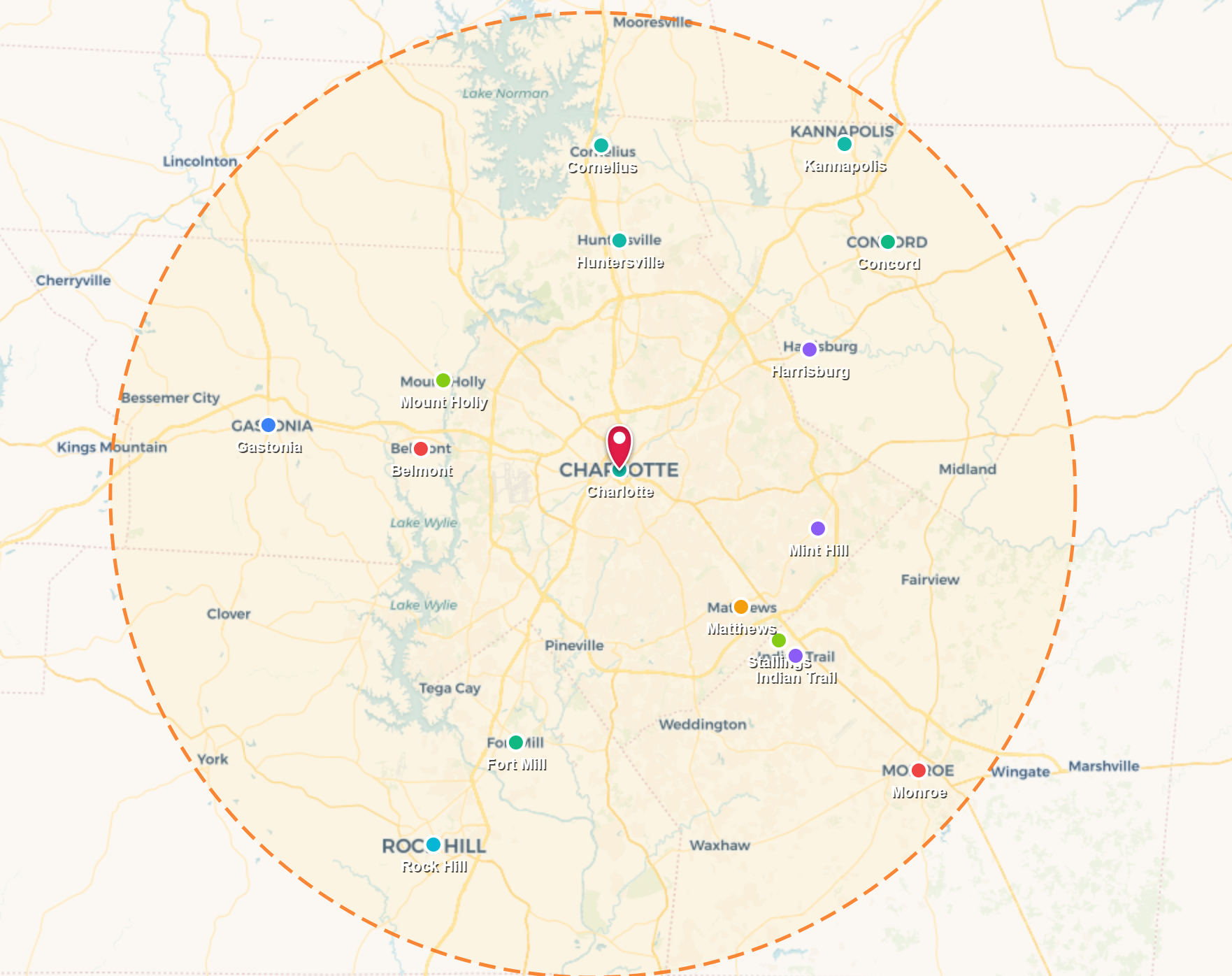 Map centered on Charlotte, NC with a large orange radius circle and nearby city labels.